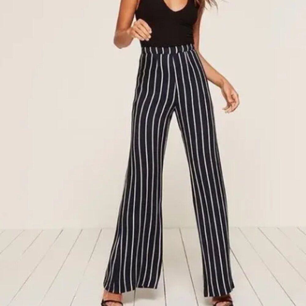 Reformation Black Wide-Leg Striped Pants